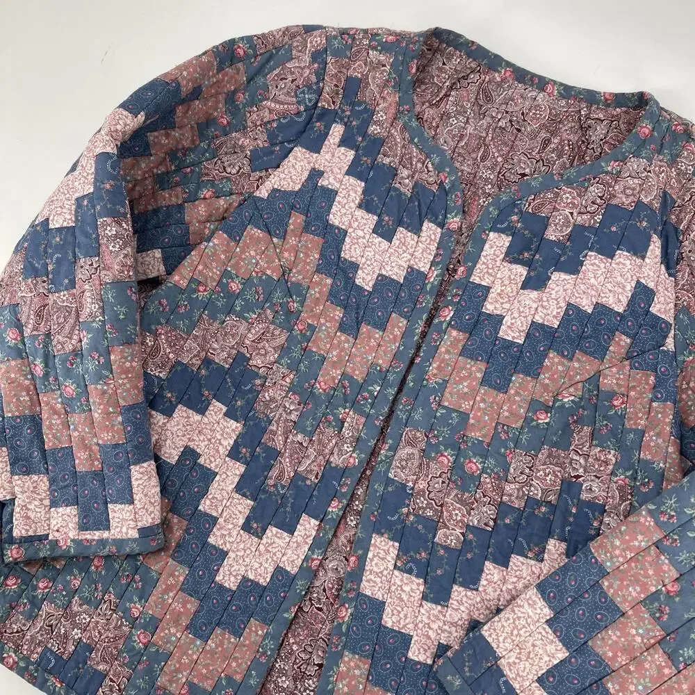 Vintage Handmade Quilted Jacket Womens Size L Blue Pink Floral Cottagecore - Picture 10 of 10